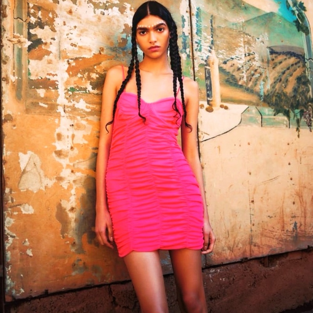 Zara Ruched Hot Pink Corset Mini Tulle Dress Spaghetti Strap